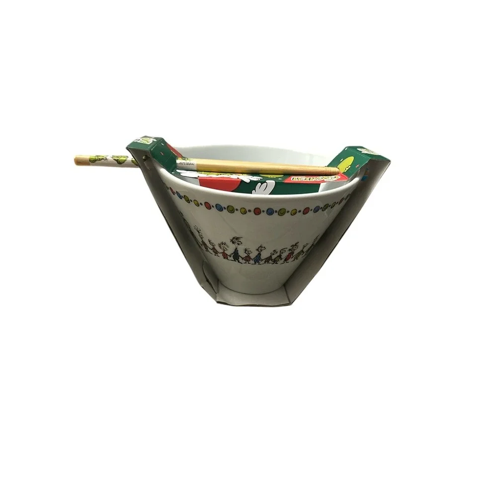 Dr Seuss Grinch Ceramic Noodle Bowl w/ Chopsticks Christmas Holiday NEW Gift